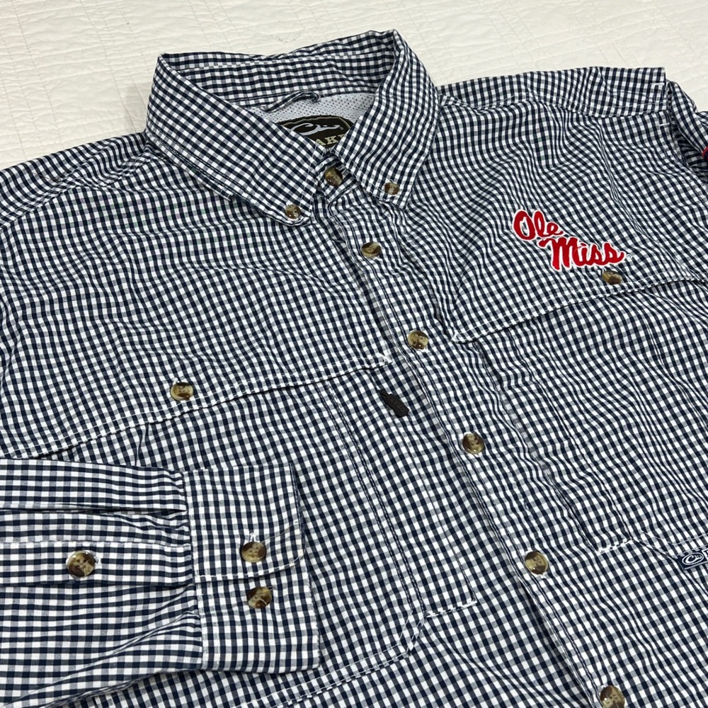 Drake Waterfowl Ole Miss Rebels Fishing Shirt Navy Gingham XL Long Sleeve Mens